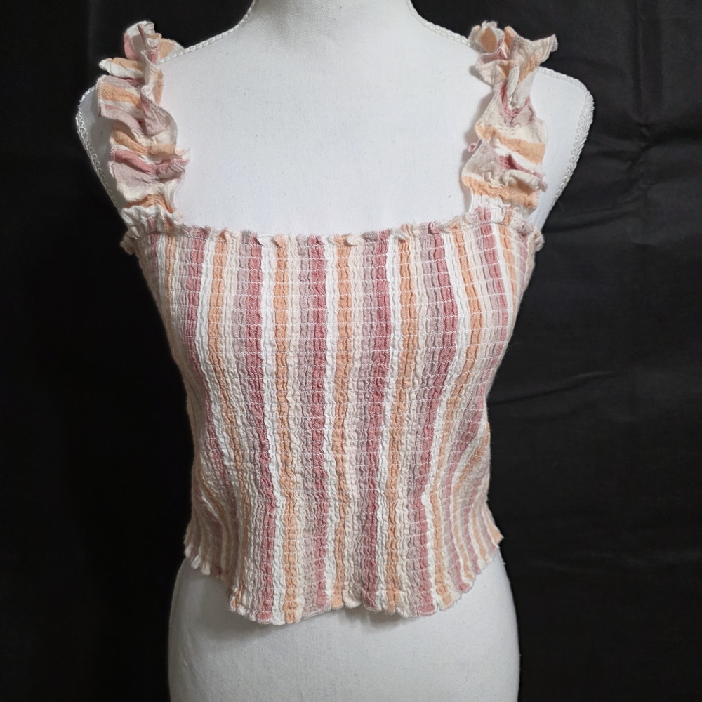 Smocked Striped Ruffle Strap Tank Top - Peach Pink